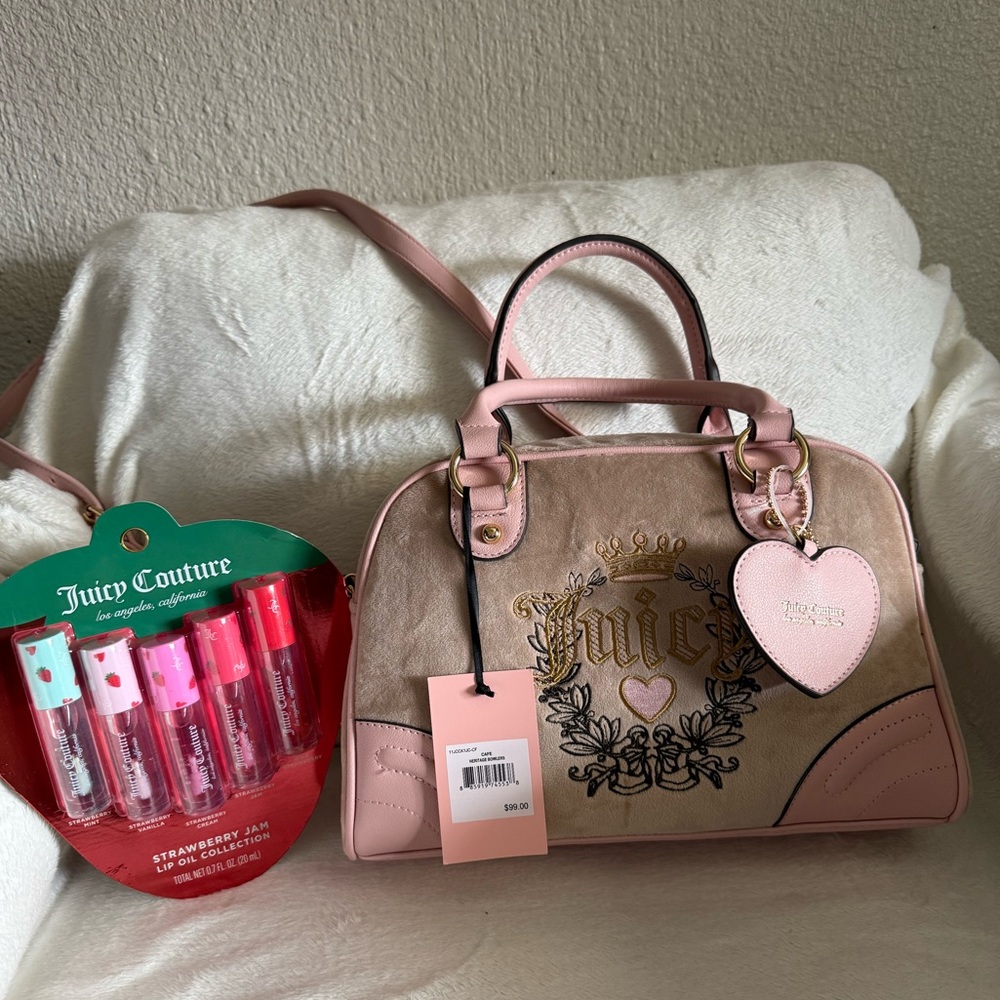 BEAUTIFUL JUICY COUTURE CAFE HERITAGE BOWLERS BAG W FREE JC LIP OILS